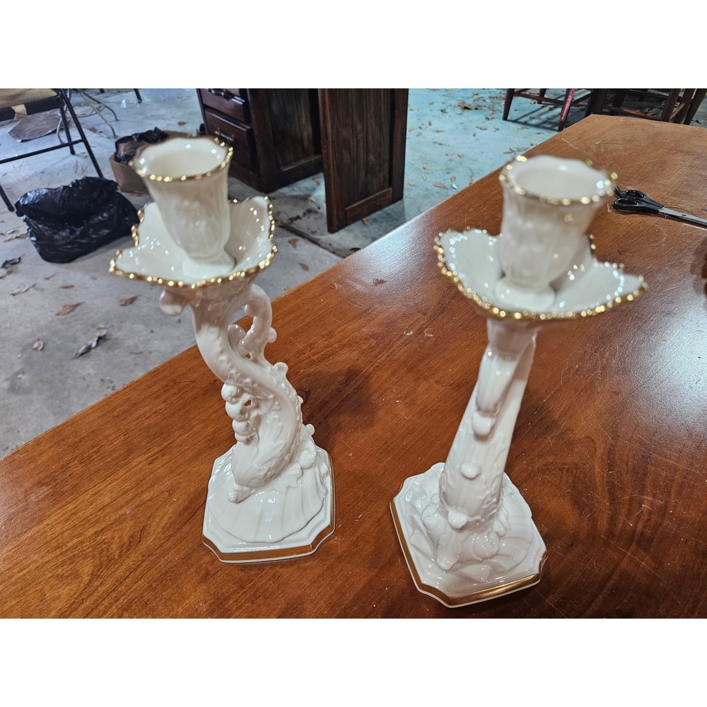 Lenox Ivory Porcelain Dolphin Candlestick Holders Pair Gold Trim 24k USA Made